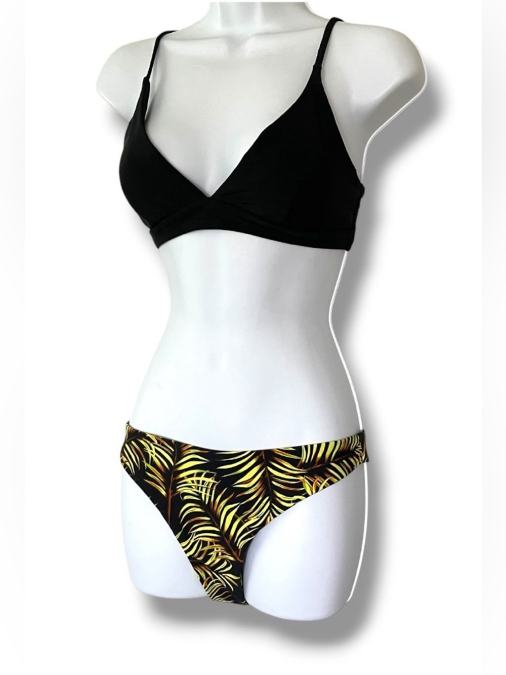 Kamoni Black Bikini Set Palm Print Bottoms Strappy Top Women’s Tropical Swimsuit